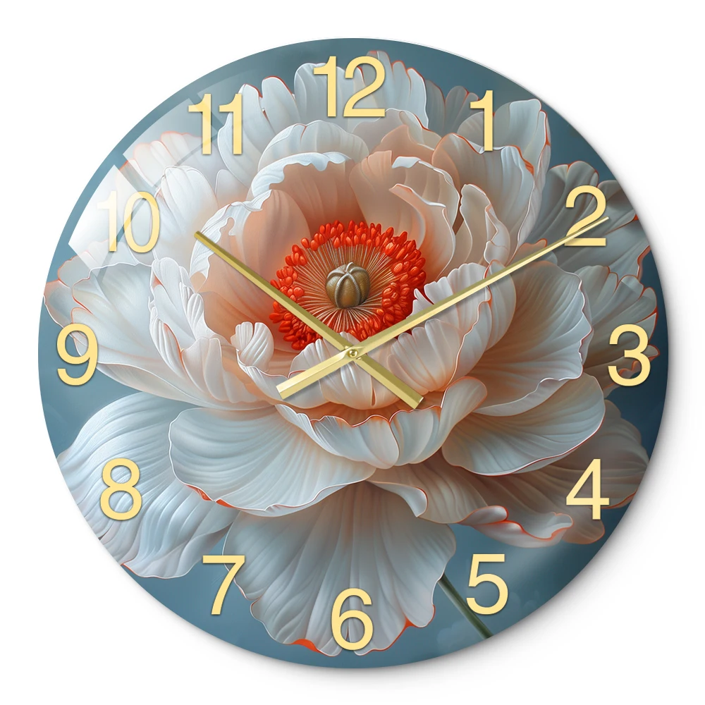 Wholesale custom uv printed glass wall clock flower design wall art Modern decorative painting wall clock