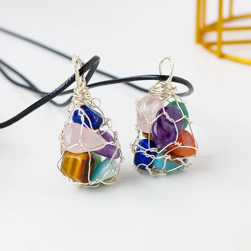 Wholesale natural healing stones seven chakra crystal gravels net pocket crystal pendant