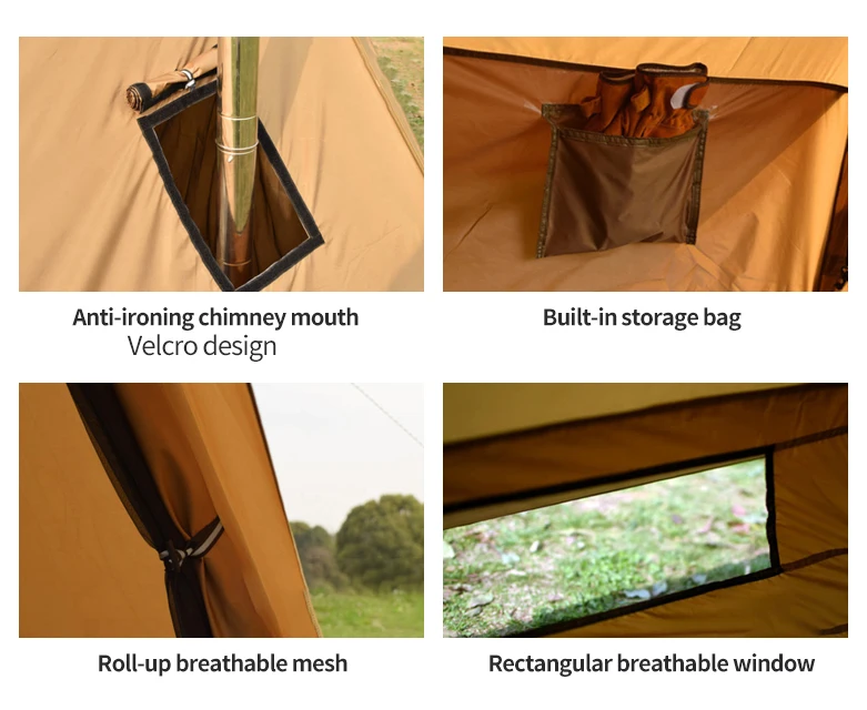 Large Portable Glamping 70D Polyester Waterproof Heating Camping Tent with Stove for Hiking Picnic