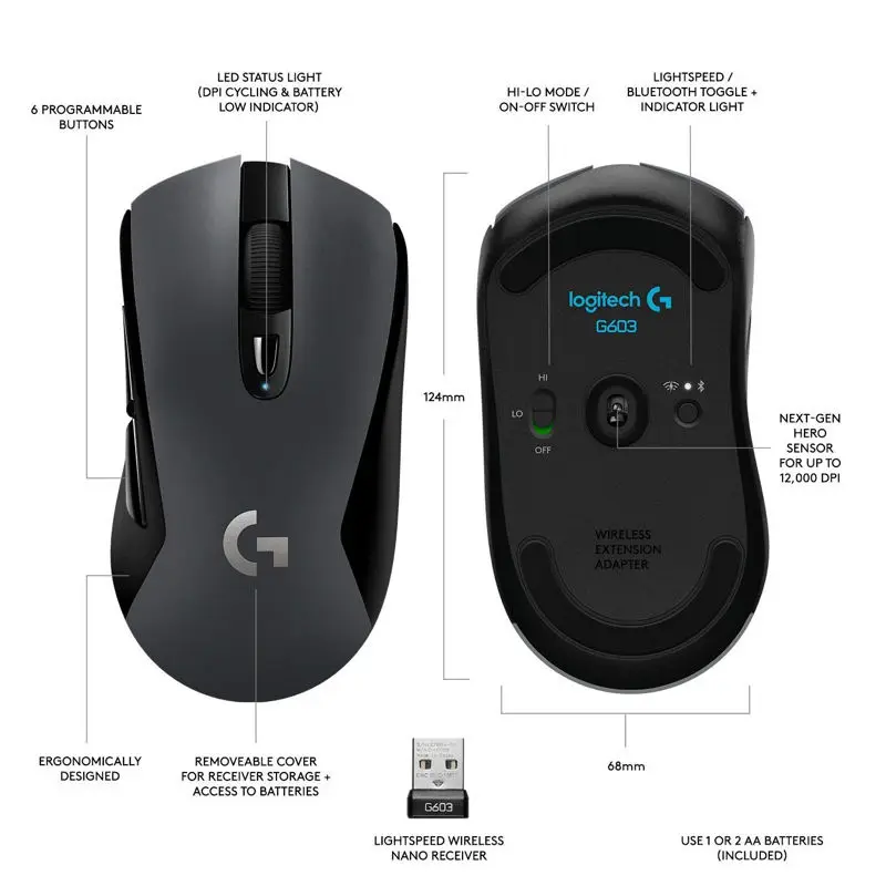 logitech G603 LIGHTSPEED Wireless Gaming PUBG 12000DPI Mouse
