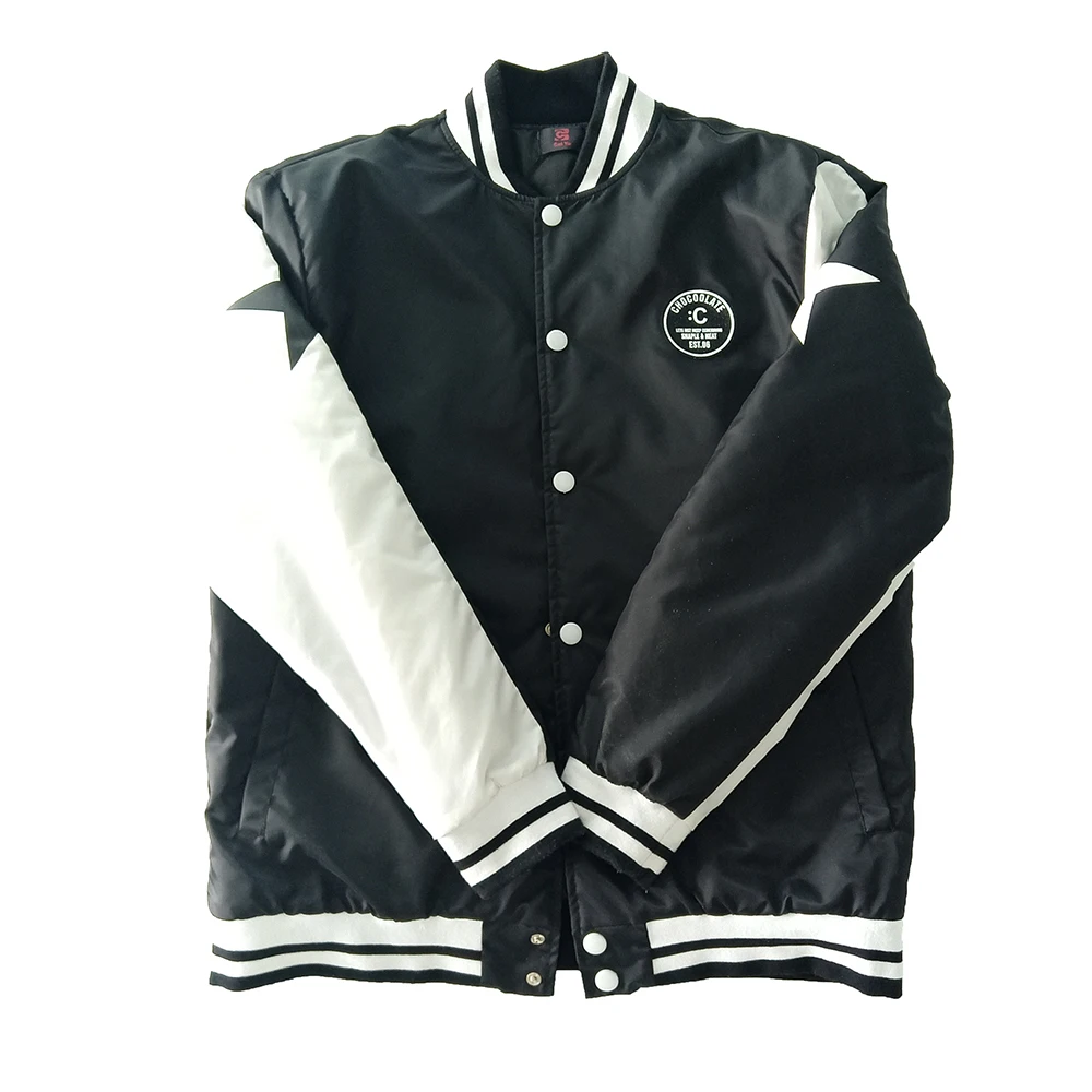 Autumn winter wear quilted warm keeper baseball collar contrast color sleeves patch logo men jackets