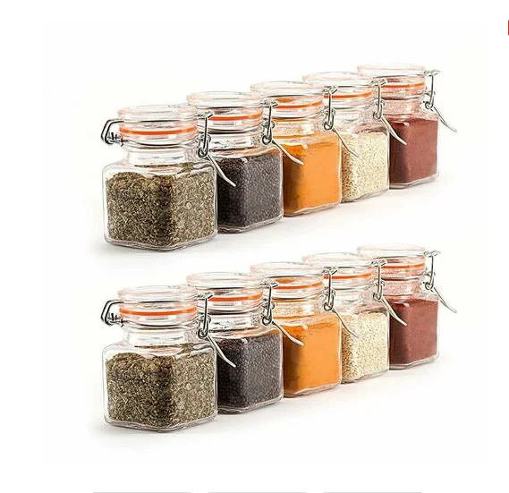 3.4 Ounce Mini Square Glass Spice Jar with Orange Flip-Top Gasket and Airtight Clear Storage Jars with REUSABLE labels and Pen