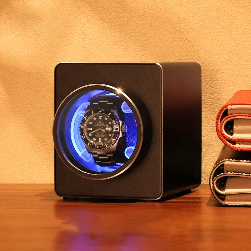 LAIHE Luxury Aluminum Alloy Cowhide Microfiber Leather Single Watch Winder Machine with 5 Rotation Modes Wood Watch Winder