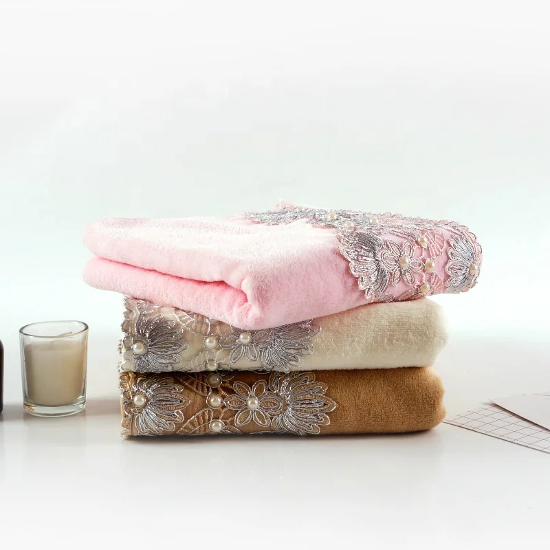 Luxury Good Quality Plain Weave Velvet Pearl Silver Thread Gift Towel with Beautiful Lace