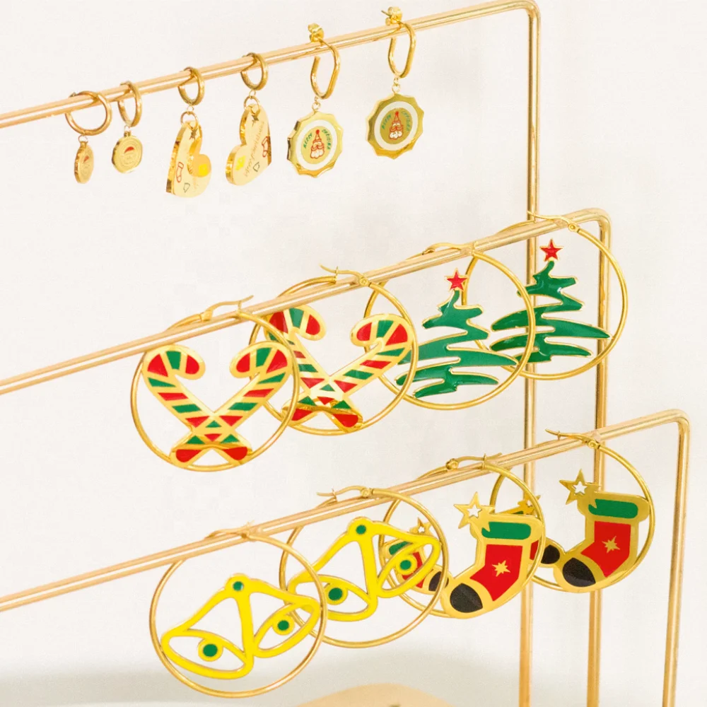 Hot Sale Christmas Jewelry Earrings Hypoallergenic PVD Gold Plated Christmas Elements Drip Oil Stainless Steel Earrings