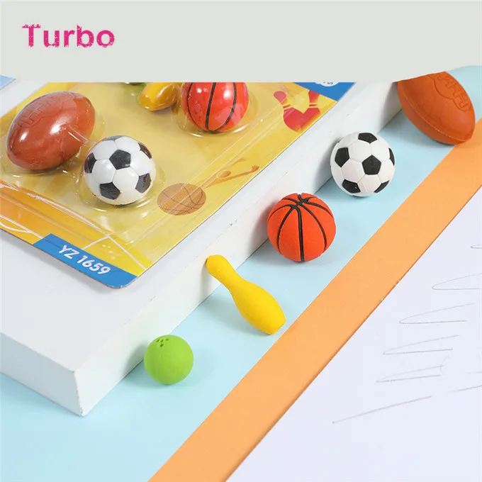 Promotional Business Gifts creative stationery Cute 3d basketball/football/Baseball shapes pencil rubber erasers sets for kids