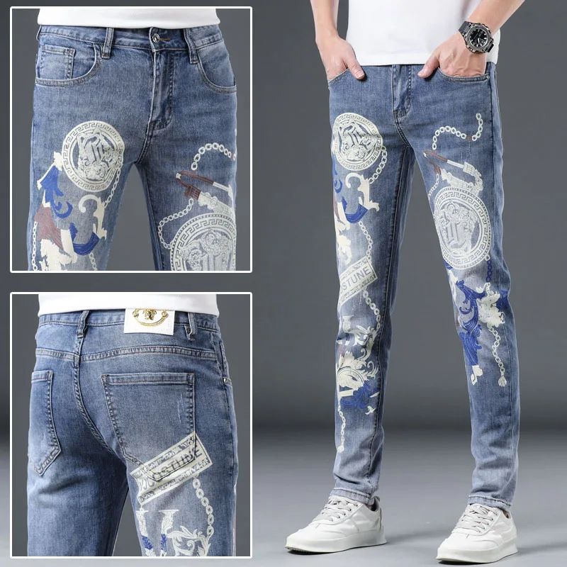 Fashion Hip Hop Streetwear Printed Men Designer Hip Hop Pants Slim Fit Punk Style Designer Jeans