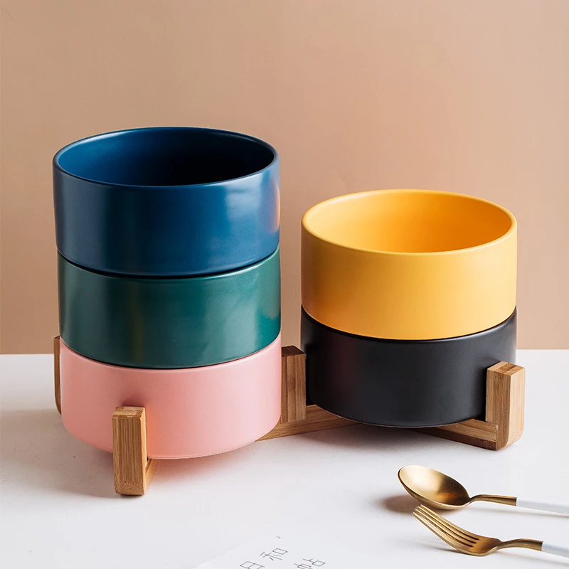 LIHONG high quality pet bowl ceramic Set Cat Dog with Wooden Frame