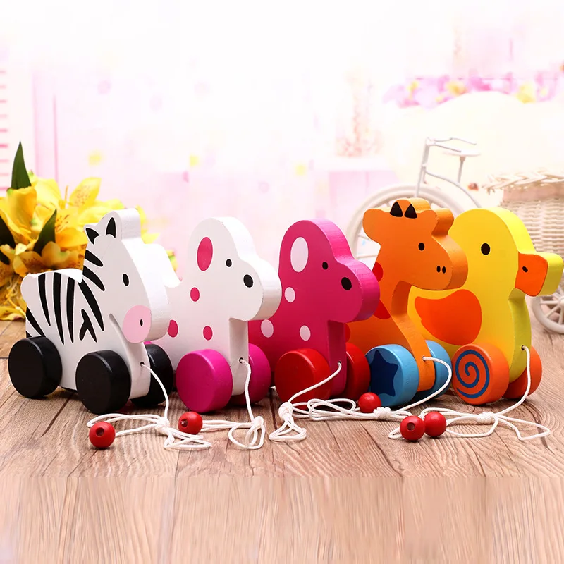 FQ brand Wooden toys Rabbit Knock the Drum Drag Car Creative Educational Push and Pull Toy for Baby Toddlers