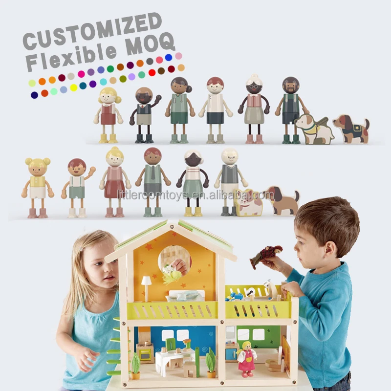 Littleroom Custom Wooden DIY Crafts Wood Doll Home Decor Accessories Decorative DIY Doll Family set for Kids