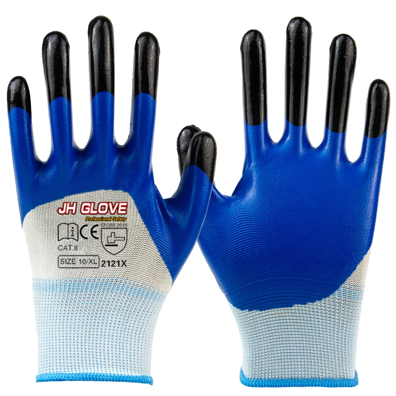 Polyester Coated Oil Wet Grip Working Gloves Nitrile Palm Safety construction automotive Glove Women
