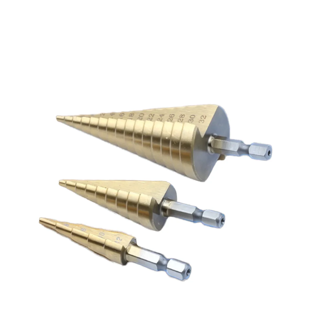 3PCS High Speed Steel Titanium Coated Spiral Step Drill Bit set brocas escalonadas 3-12 4-20 4-32