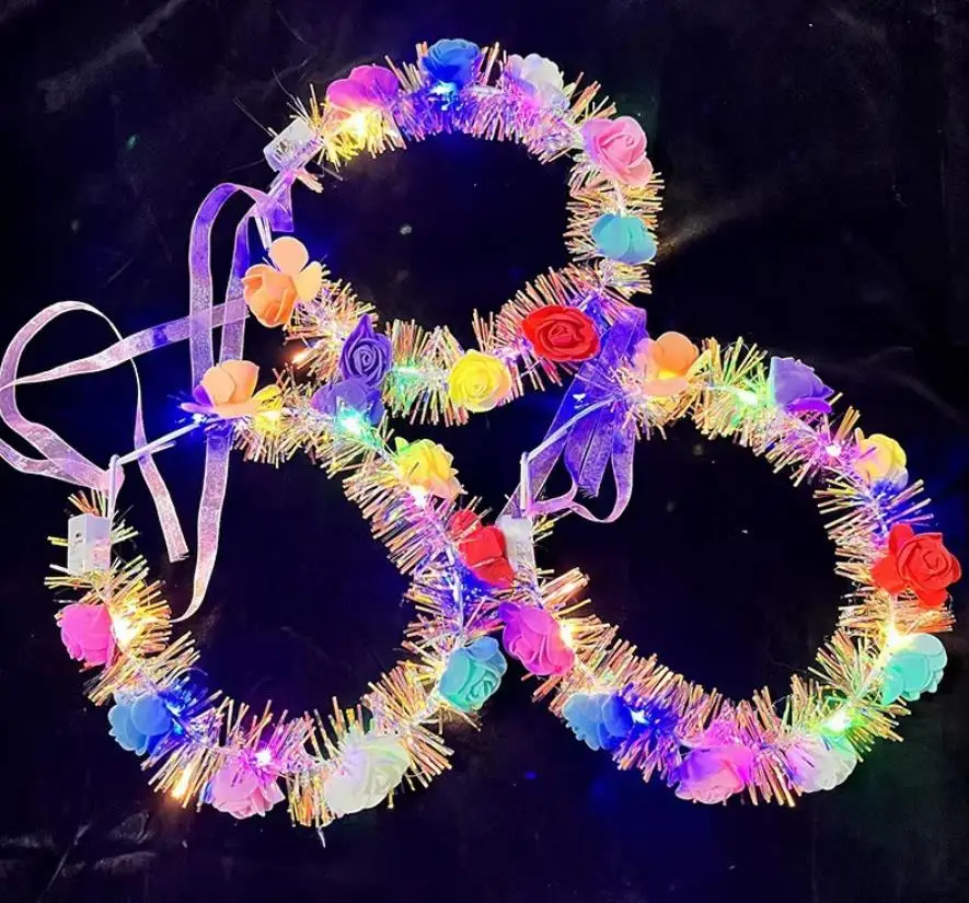LED Flower Crown Light Up Headband Luminous Hair Wreath Women Garlands Glow Floral Headpieces Mardi Gras Beach Party Decoration