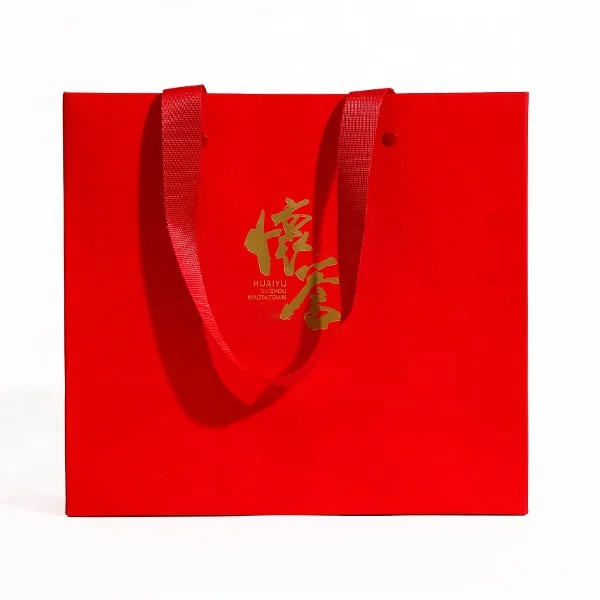 Wholesales custom print logo Tea Packaging Bag Red Small Gift square paper bag with ribbon handle