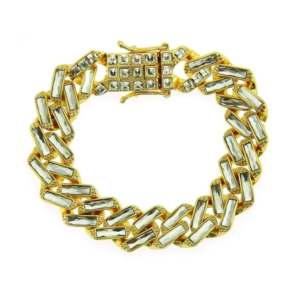 Fashion high quality mens hip hop ICed out Baguette CZ link gold custom bracelet