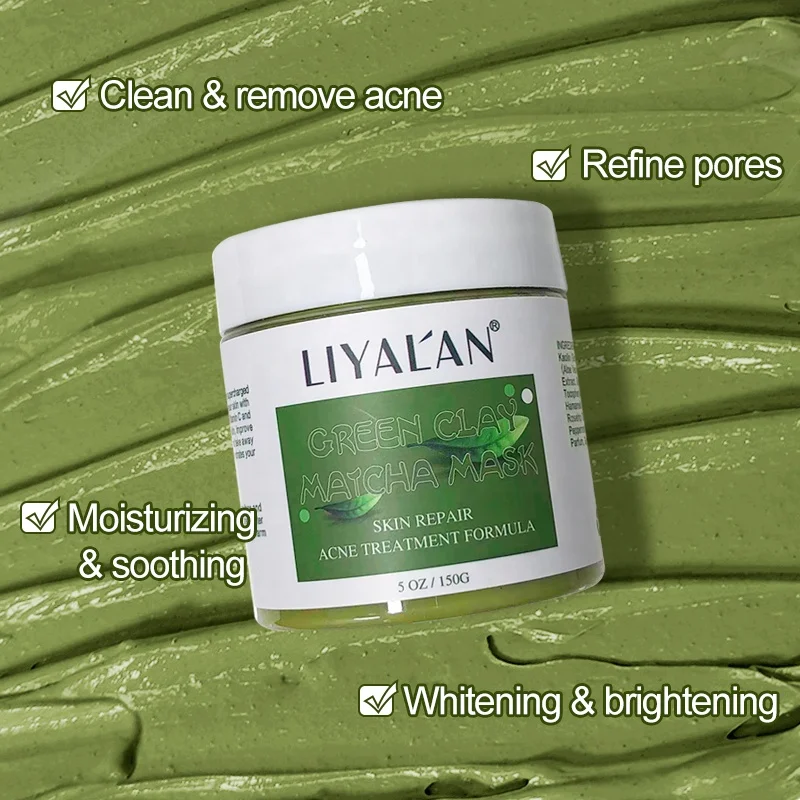 Private Label Face Detoxifying Oil Control Acne Removal Whitening Bentonite Green Tea Matcha Mud Facial Clay Mask