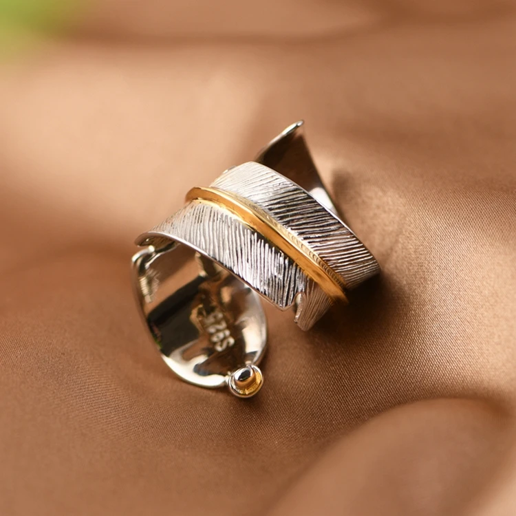 Authentic silver jewelry S925 Sterling Silver Ring Fashion Gold Plated Feather Set Opal Adjustable Ring for Women