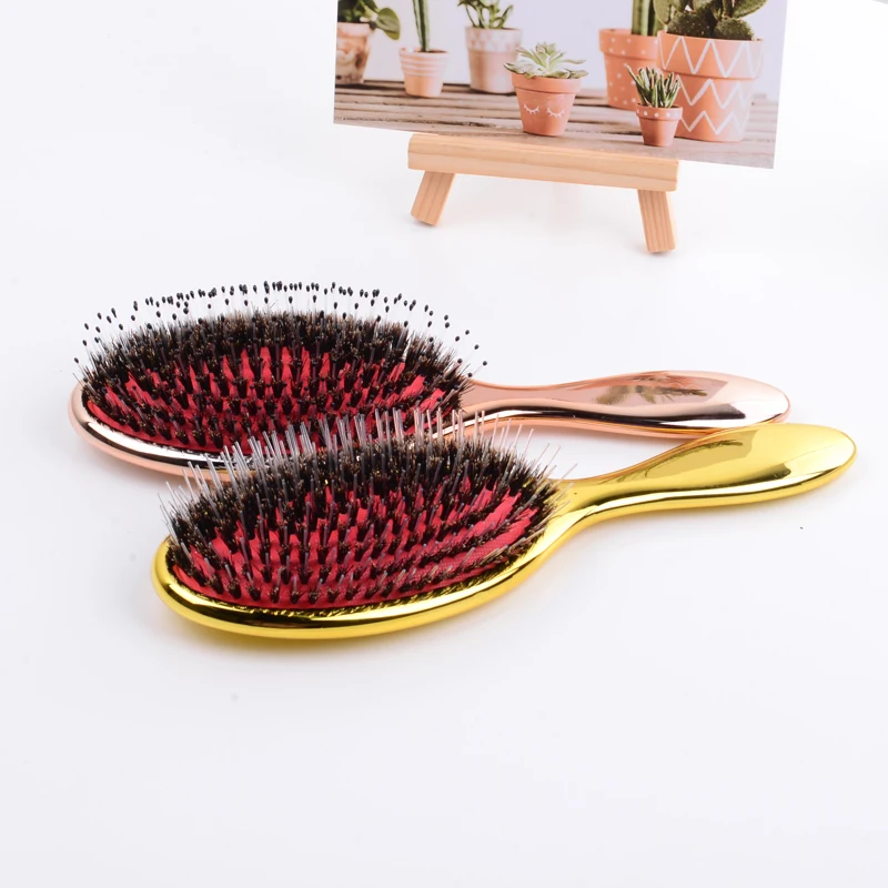 Luxury Gold And Silver Color Boar Bristle Paddle Oval Hair Brush Anti Static Hair Massage hair extension brush and comb
