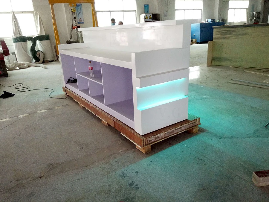 Strip Design With LED White Surface Artificial Stone Salon Office Mall Hotel Reception Service Counter Desk