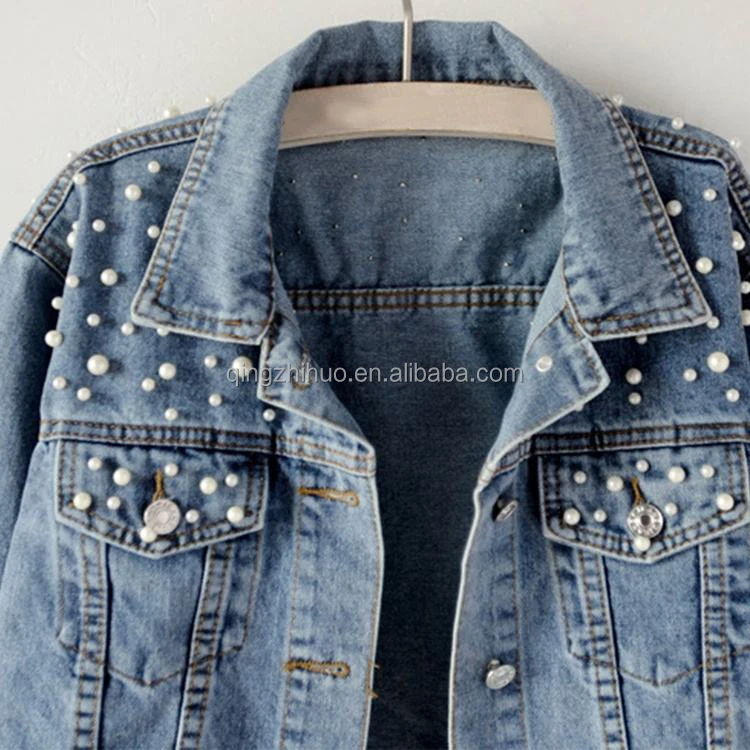 Autumn Street Wear Custom ODM Blue Jean Outdoor Motorcycle Jacket Women Beaded Denim Jacket