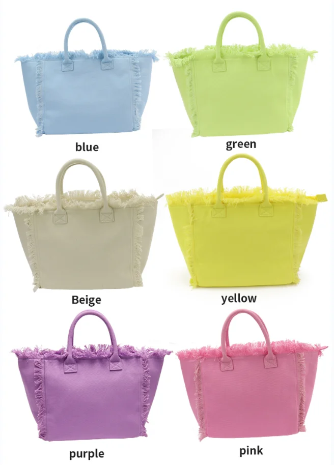 6 Colors Heavy Duty Travel Outdoor Cotton Cloth Hot Beach Bag For Women Waterproof Large Blank Fringe Tassel Tote Bag Canvas
