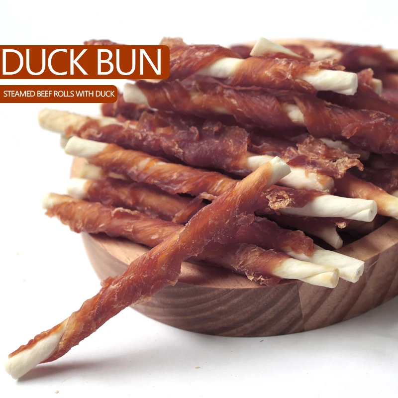 Wholesale pet snack duck meat cow skin roll dog snack OEM snack supplier dog tooth grinding cleaning teeth
