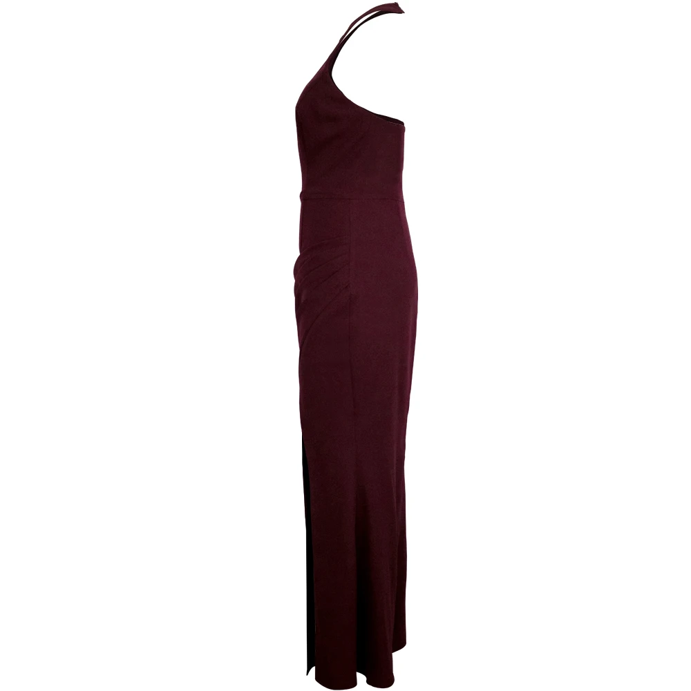 France Luxury Elegant Wine Red Pure Color Halter Neck Sleeveless Backless Slit Maxi Women Party Evening Sexy Dress