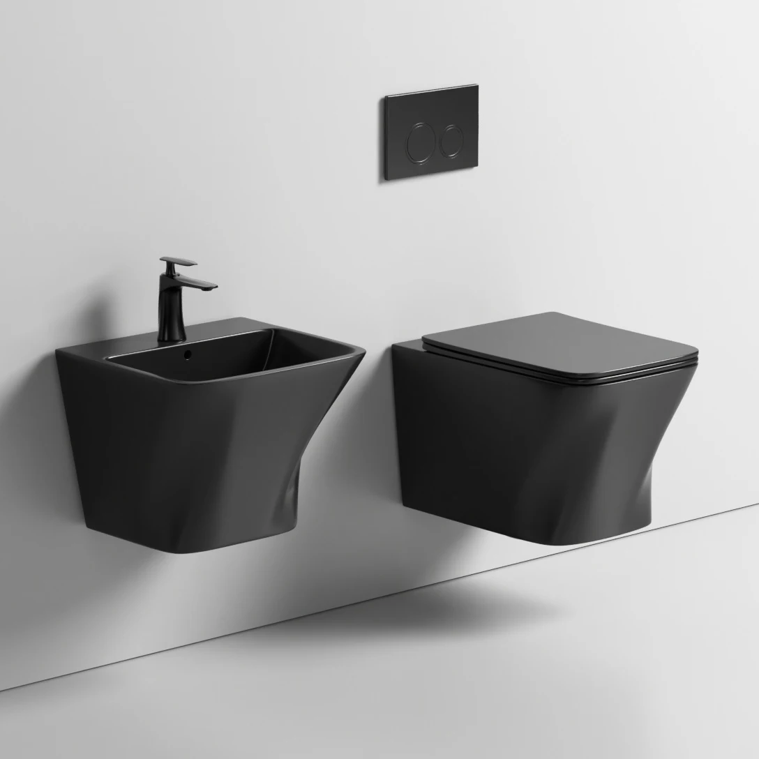 Modern Sanitary Ware Bathroom Water Closet Black Wall Hung Basin And Toilet Ceramic Black Colored Toilet Set