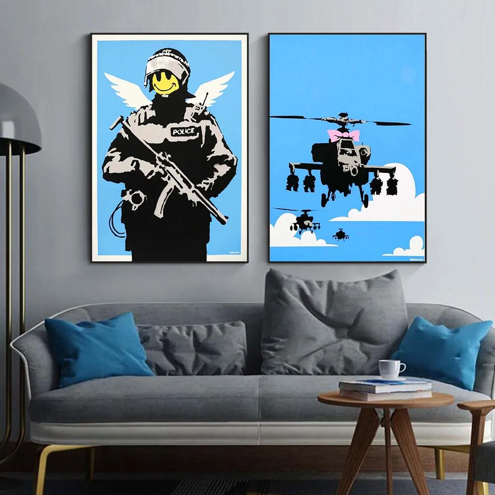 Banksy Graffiti Art Flying Copper Canvas Painting Black White Wall Art Posters And Prints Street Picture Art
