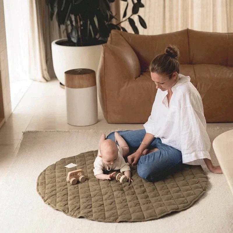 Comfort Portable Room Decor Diamond Quilted Infant Thicken Plain Rug Pad,Machine Washable Organic Cotton Round Rug Baby Play Mat