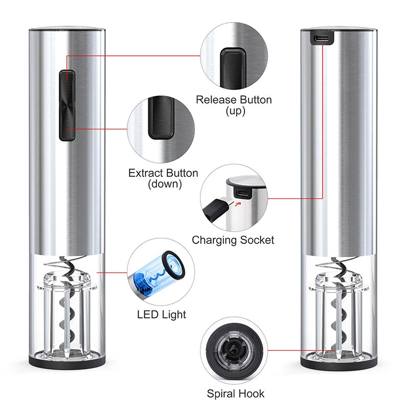 Factory Offer 4in1 USB Corkscrew Kit Rechargeable Electric Wine Opener Gift Set with Aerator,Foil Cutter,Stoppers