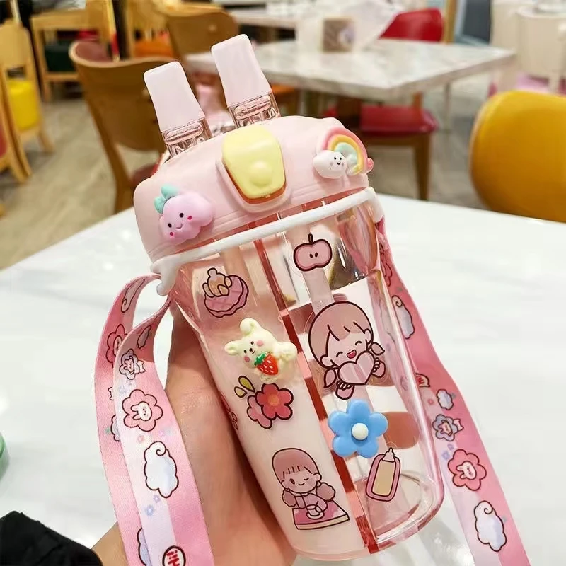 Creative Plastic Water Bottle With Two Straws Double Layer Straw Cup Outdoor Drink Bottle for Camping Hiking Travel