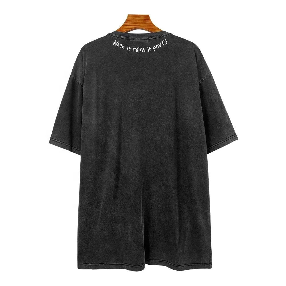 Washed plus size 240 gsm 100% cotton screen printing drop shoulder street wear black vintage t-shirts for men