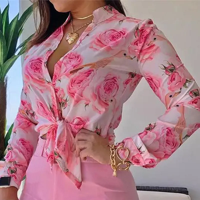 Women hot sell autumn new printed shirt rose flower long sleeve shirt blouse top 9 color fast shipping