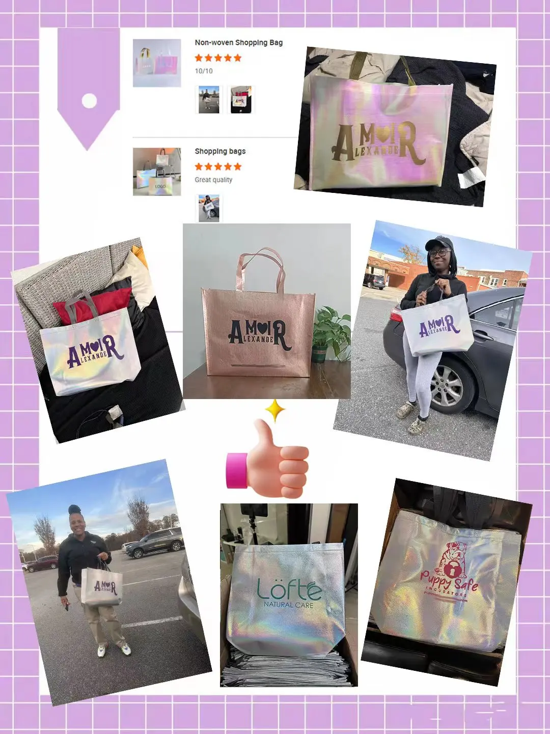 Custom Printed Luxury Metallic Foil Laminated Non Woven Gift Tote Pink Iridescent Glitter Reusable Shopping Bags With Logo