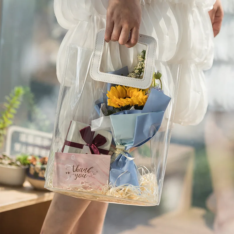 Custom  low MOQ clear logo print small transparent PVC bag  with Different Handle Shape