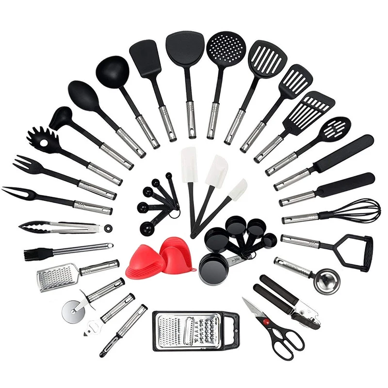 CATHYLIN 42 Pcs Kitchen Cooking Gadgets Tool Spoon Spatula Opener Peeler Grater Brush Nylon Stainless Steel Kitchen Utensil Set
