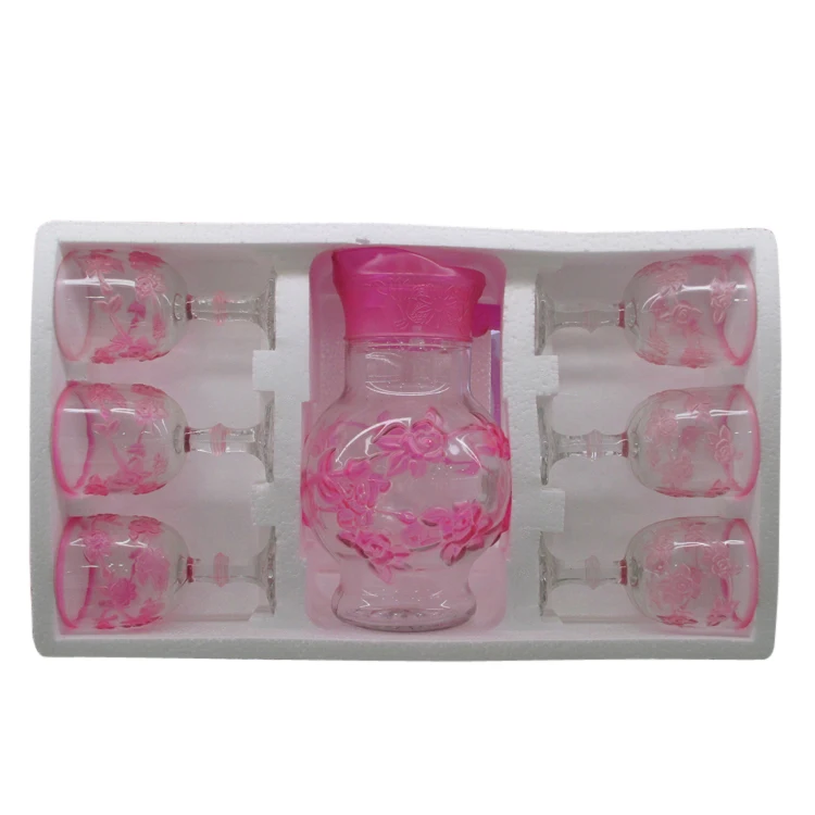 
Hot Sale 7pcs Glass Drinking Jug Sets Cups Sets with Spray Deco Color 