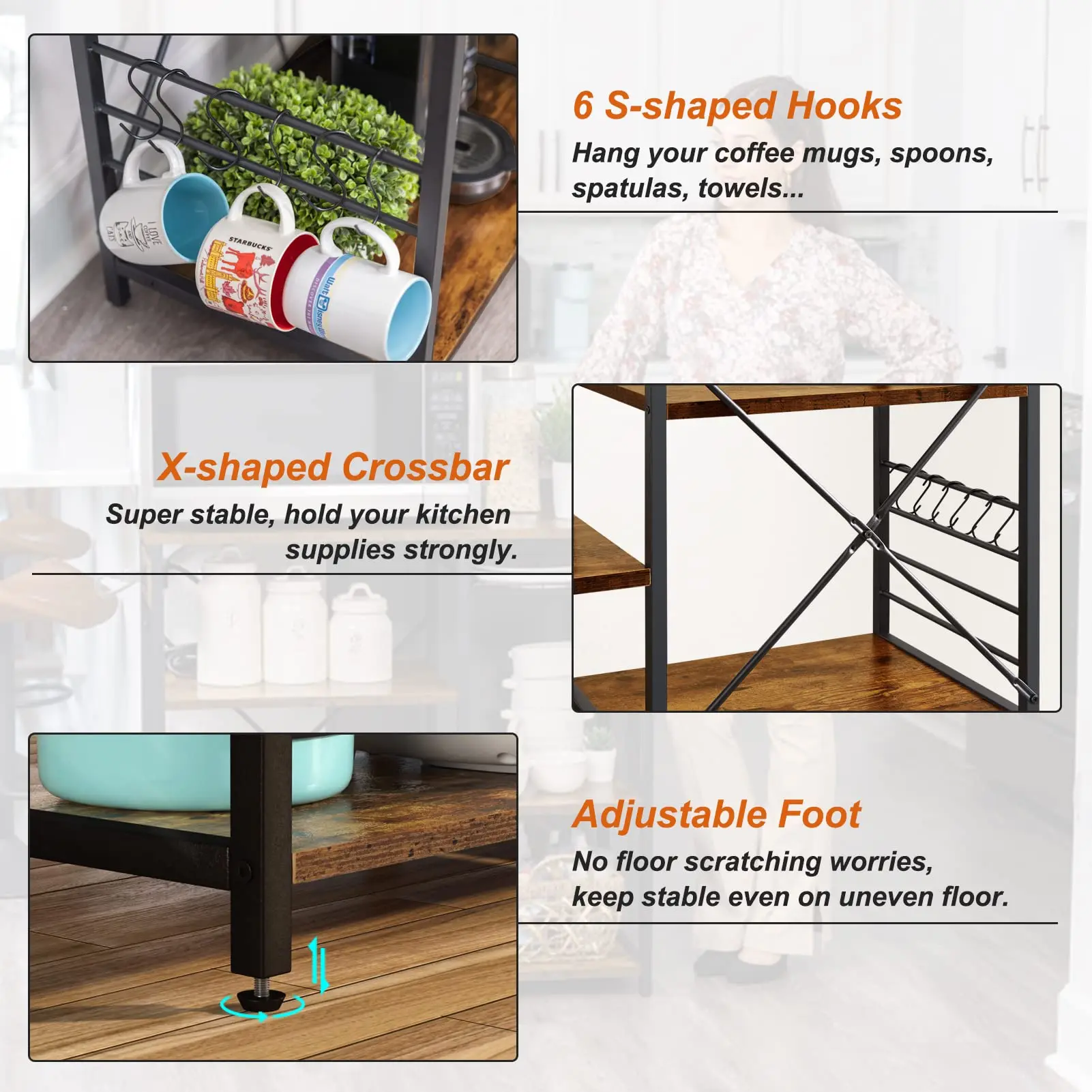 6 S-Shaped Hooks Wire Basket Kitchen Bakers Rack Coffee Bar Table Station Kitchen Microwave Stand Kitchen Storage Shelf Rack