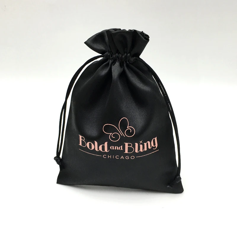 custom logo printed  satin fabric drawstring hair extension packaging wig bag