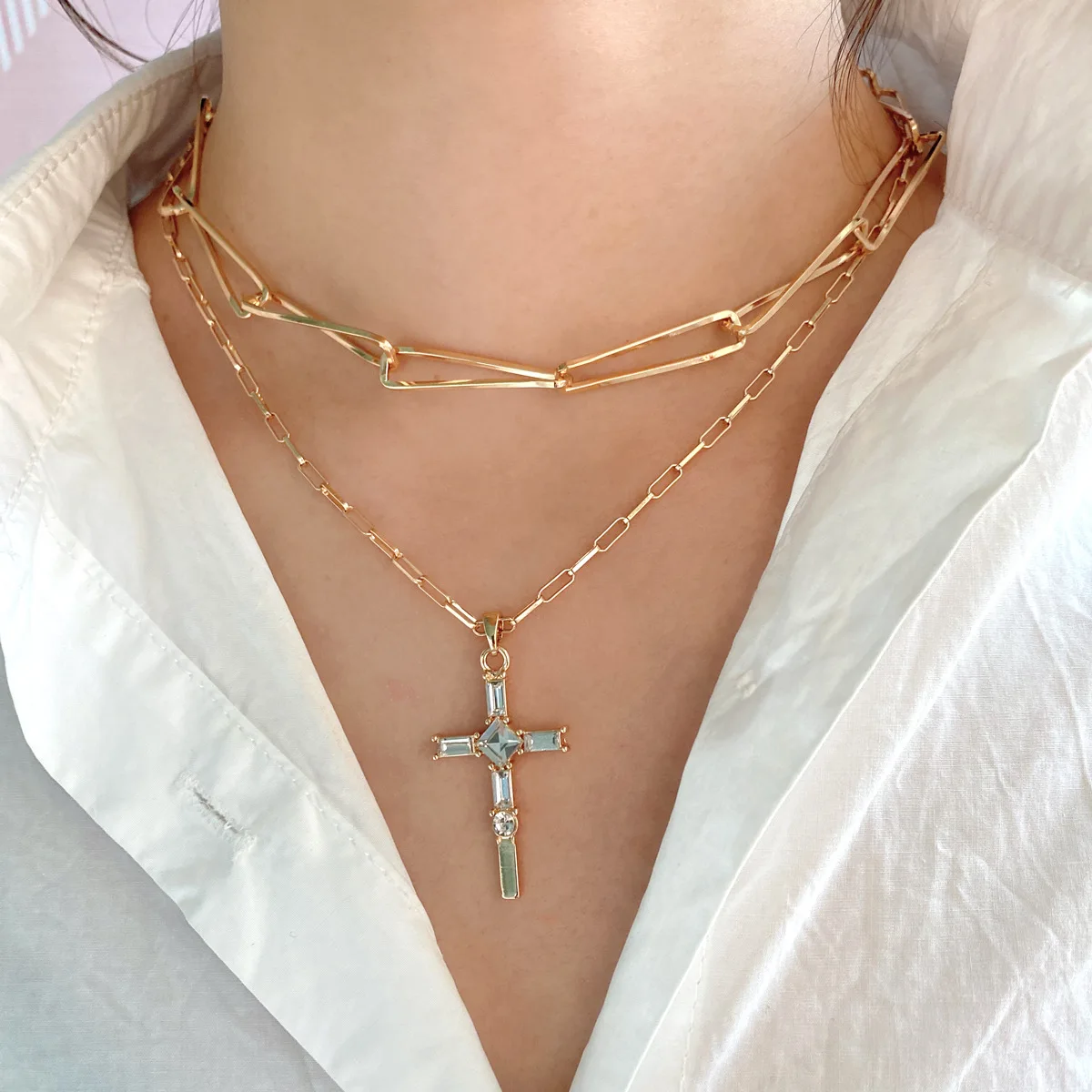 Fashion Personality Commuting Spring Simple Everything Cross Diamond Pendant Double Layer Chain Necklace