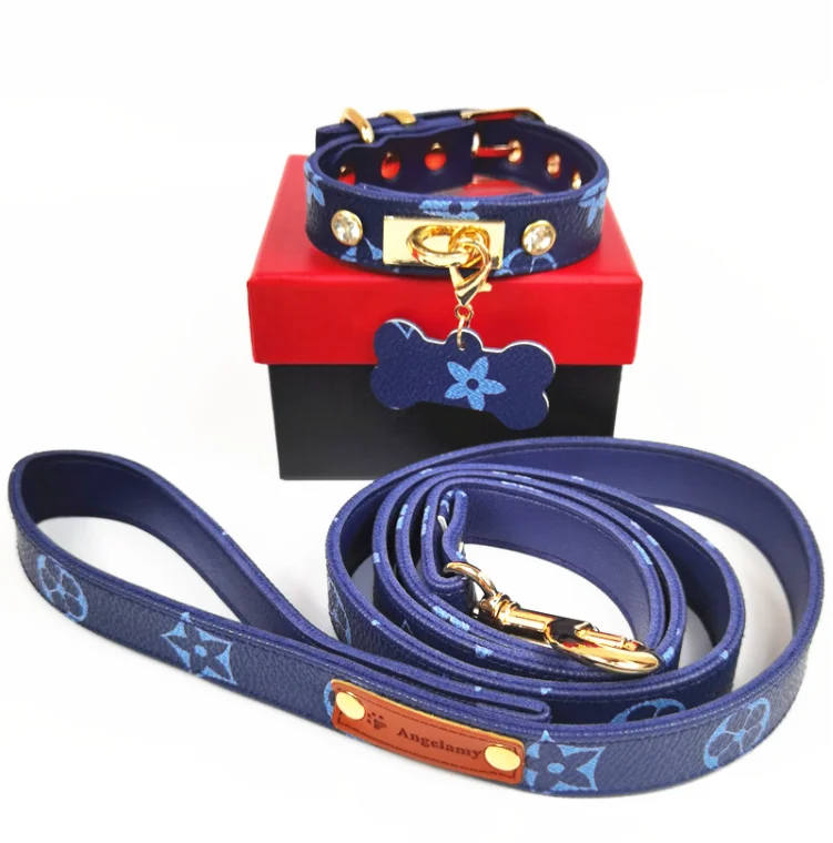 Small Medium Large Dogs Bulldog Pugs High-end PU Designers Collars Leash Lead Tag Luxury Pet Dog Collar and Leash Set