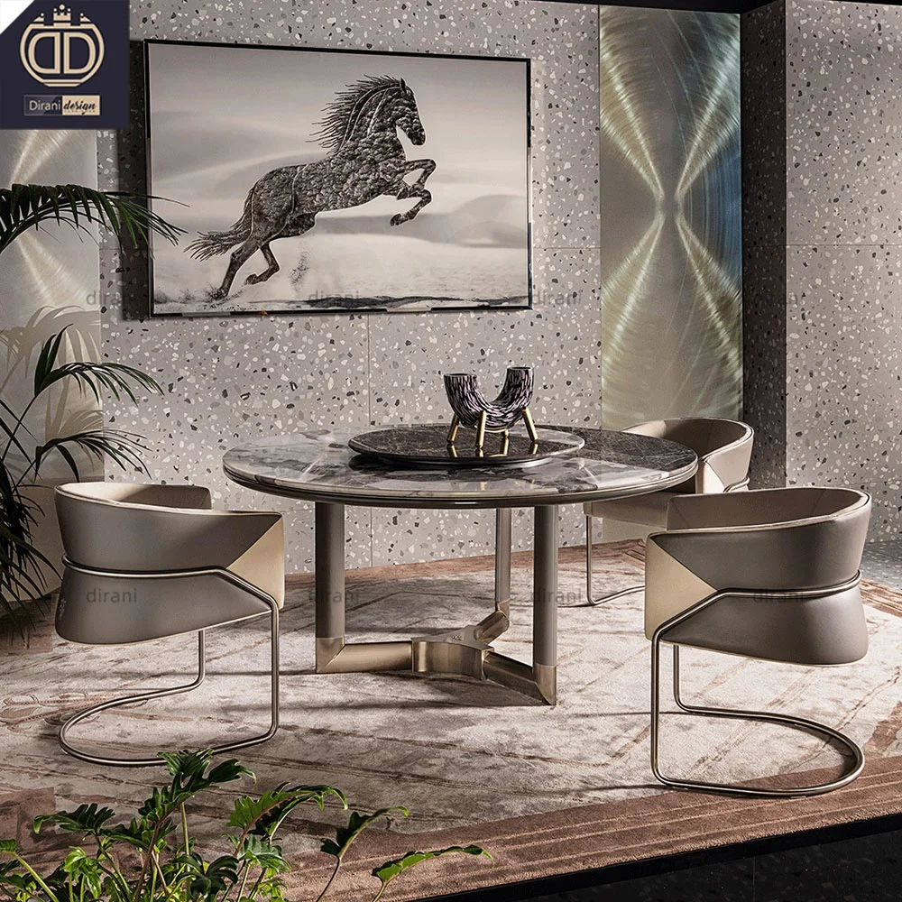 High end Milan morgan new design stainless steel metal legs dining table covered leather round Italian luxury dining table