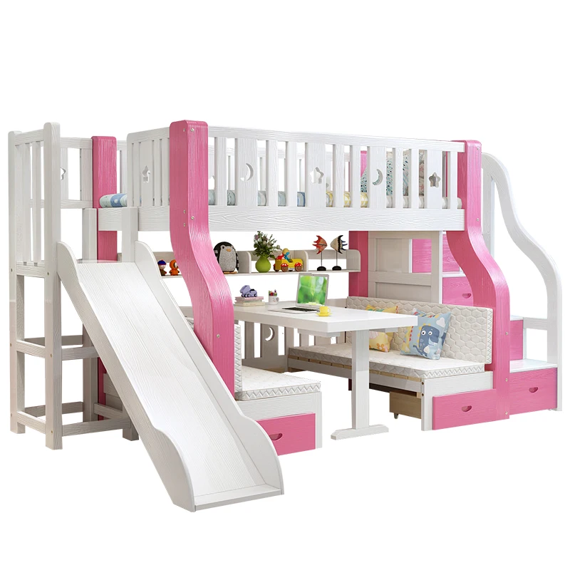 Children Child Bed Room Set Toddler House Furniture Kids Girls Pink Bunk Beds With Slide