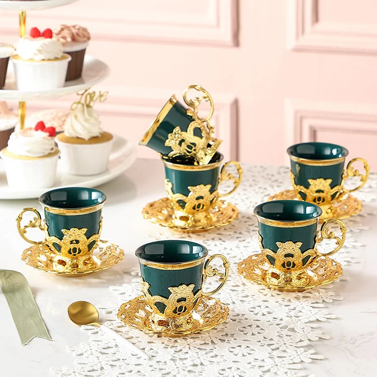 Hot Selling Luxury Porcelain Turkish Cup Set Gold Ceramic Gift Coffee Tea Cup and Saucer Set of 6