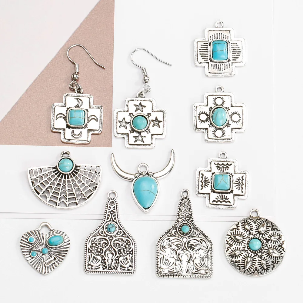 New Retro Bohemian Style Western Charms Bull Head Water Drop Cow Turquoise Pendants for Jewelry Making Accessories