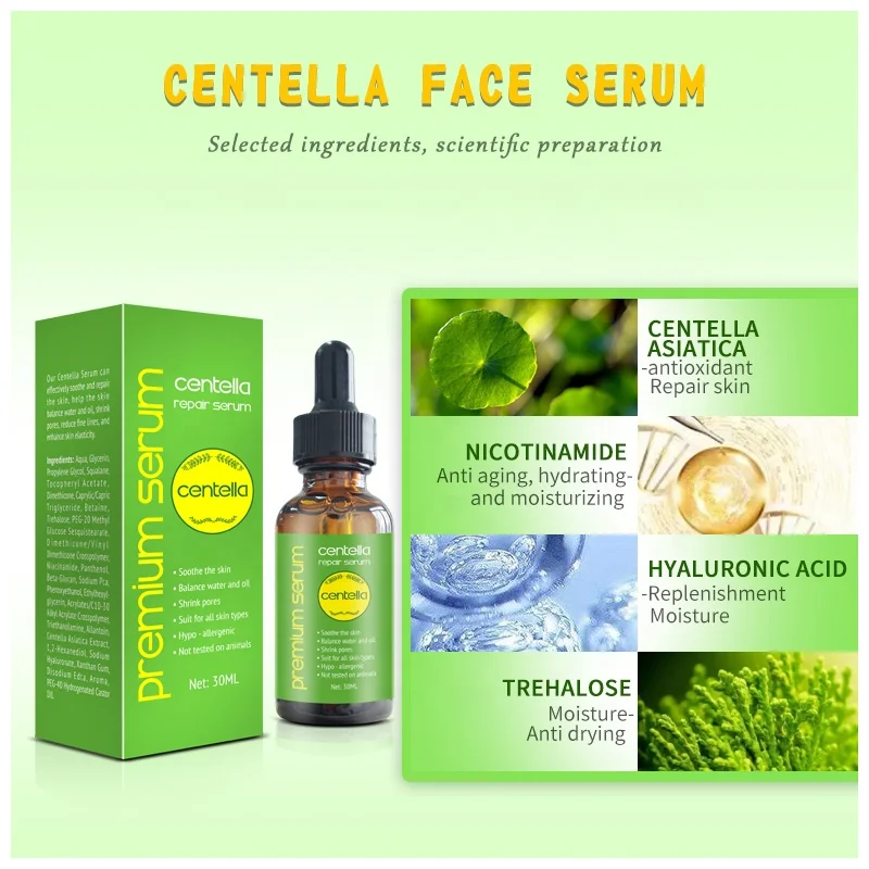 OEM Органическая сыворотка Centella для ухода за кожей в ампулах успокаивает и восстанавливает кожу сужение пор Уменьшает мелкие морщины Сыворотка лица