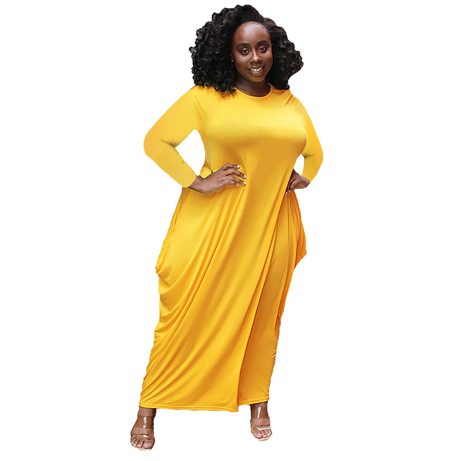 5XL Oversize Solid Color Causal Loose Long Sleeve Women Plus Size Maxi Dresses With Pockets