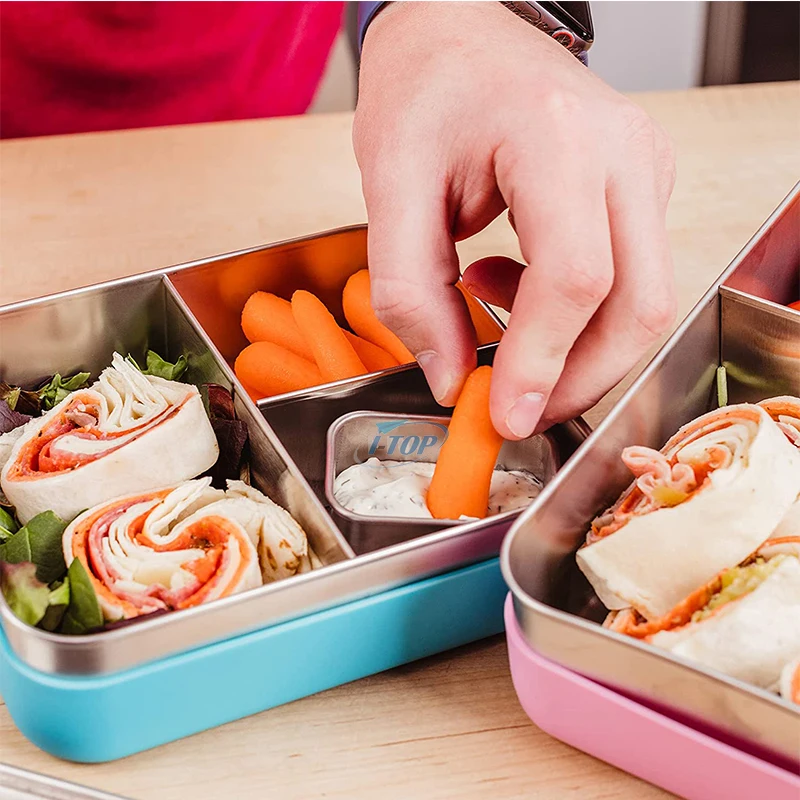 Custom Small Leakproof 304 Stainless Steel Food Containers for School Kids Rectangle Metal Lunch Boxes Bento with Silicone Lid