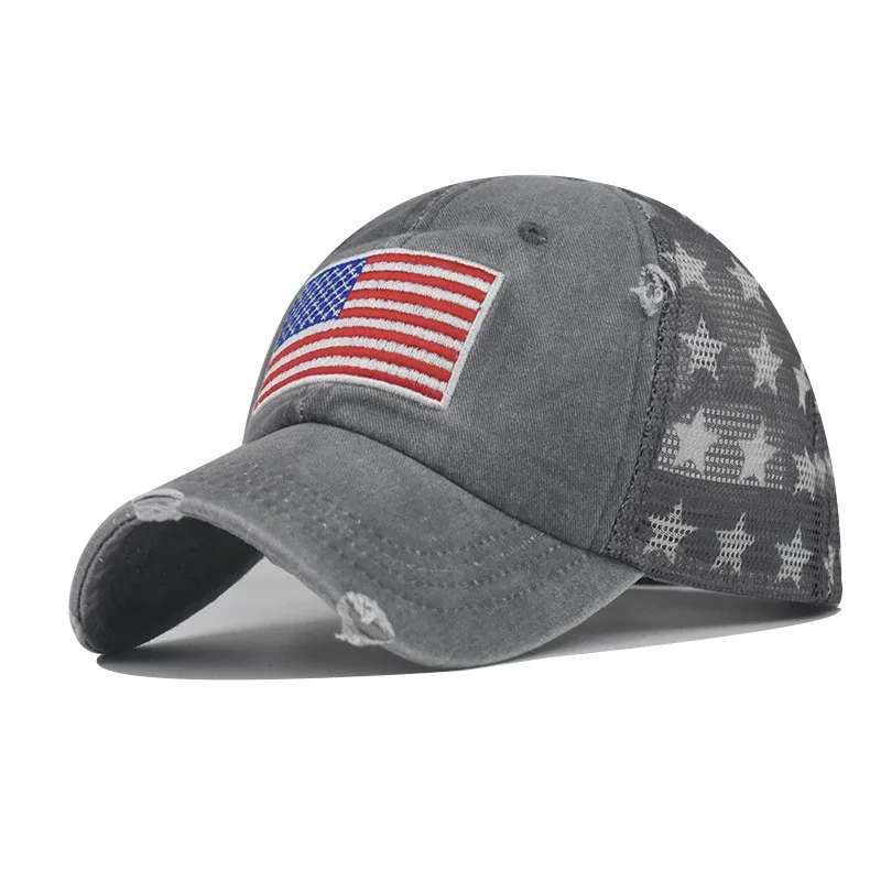 Wholesale Embroidery American Flag Mesh Star Print Dad Trucker Hat Snap Back Washed Baseball Caps